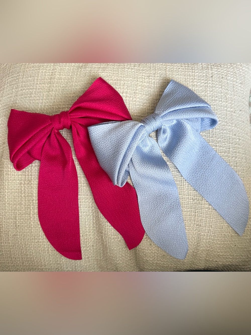 Women’s Hair Bow French Clip Set in Raspberry and Light Blue - Set of 2